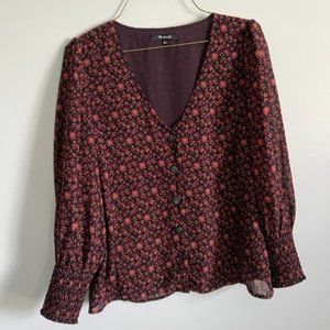Madewell (Re)sourced Georgette Smocked-Cuff Button-Front Top in Orchard Floral